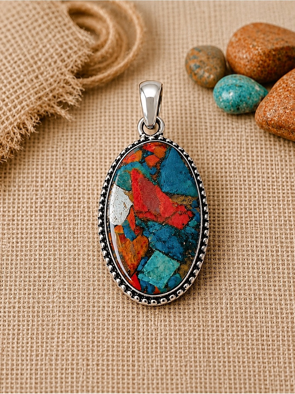 Spiny Oyster Mosaic Turquoise Sterling Silver 2” Gemstone Pendant
